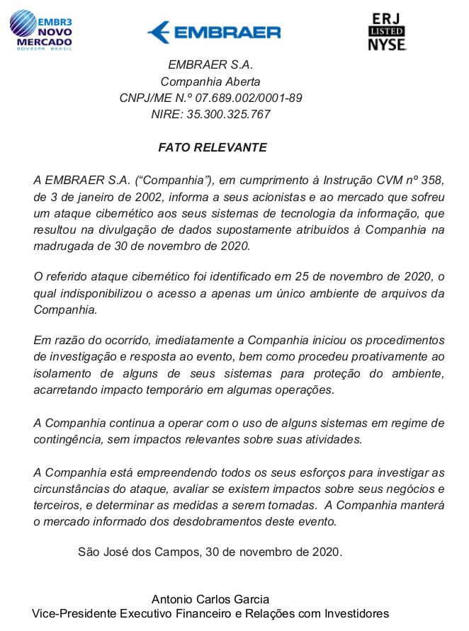Kommuniqué über Cyberkriminalität von Embraer 30.11.2020.