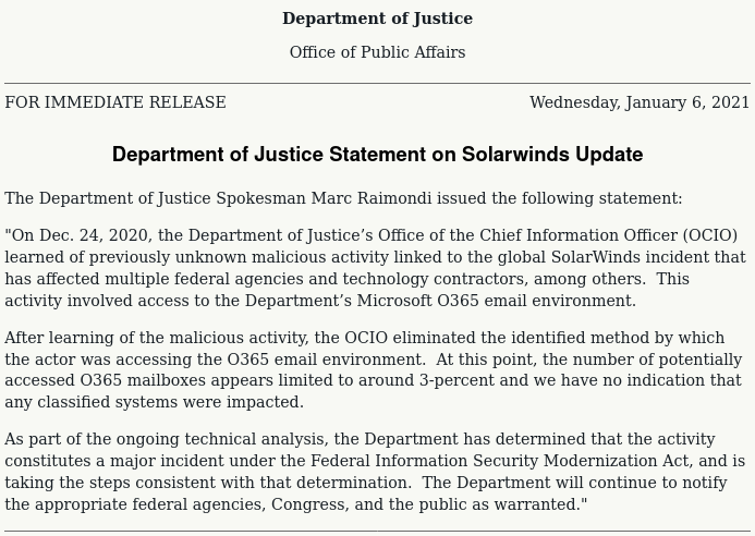 US Department of Justice statement.