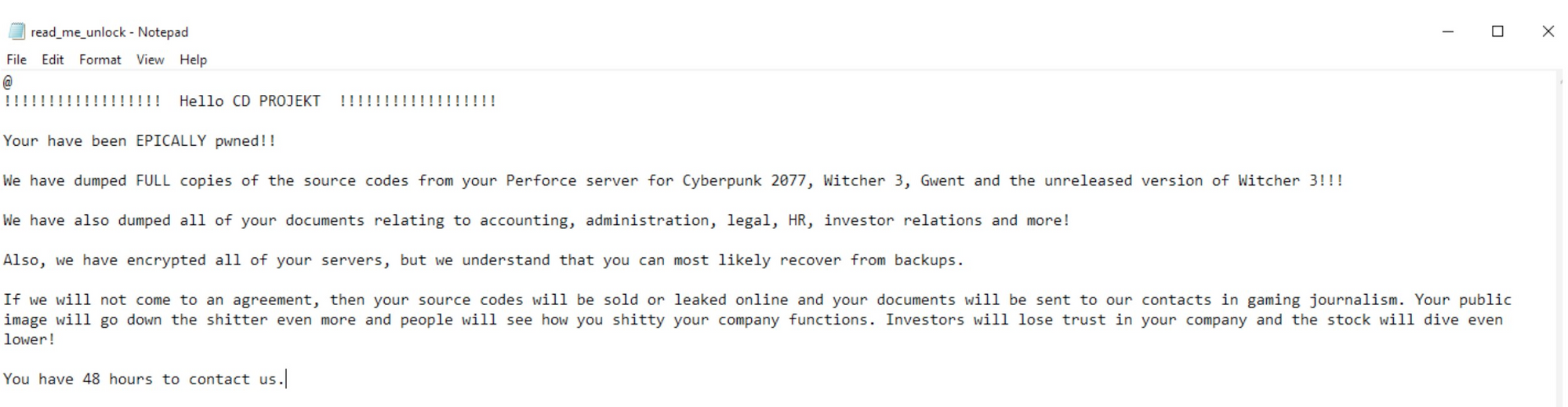 Mensaje dejado por los operadores de ransomware, publicado por CD Projekt, en Twitter. Foto: CD Projekt.