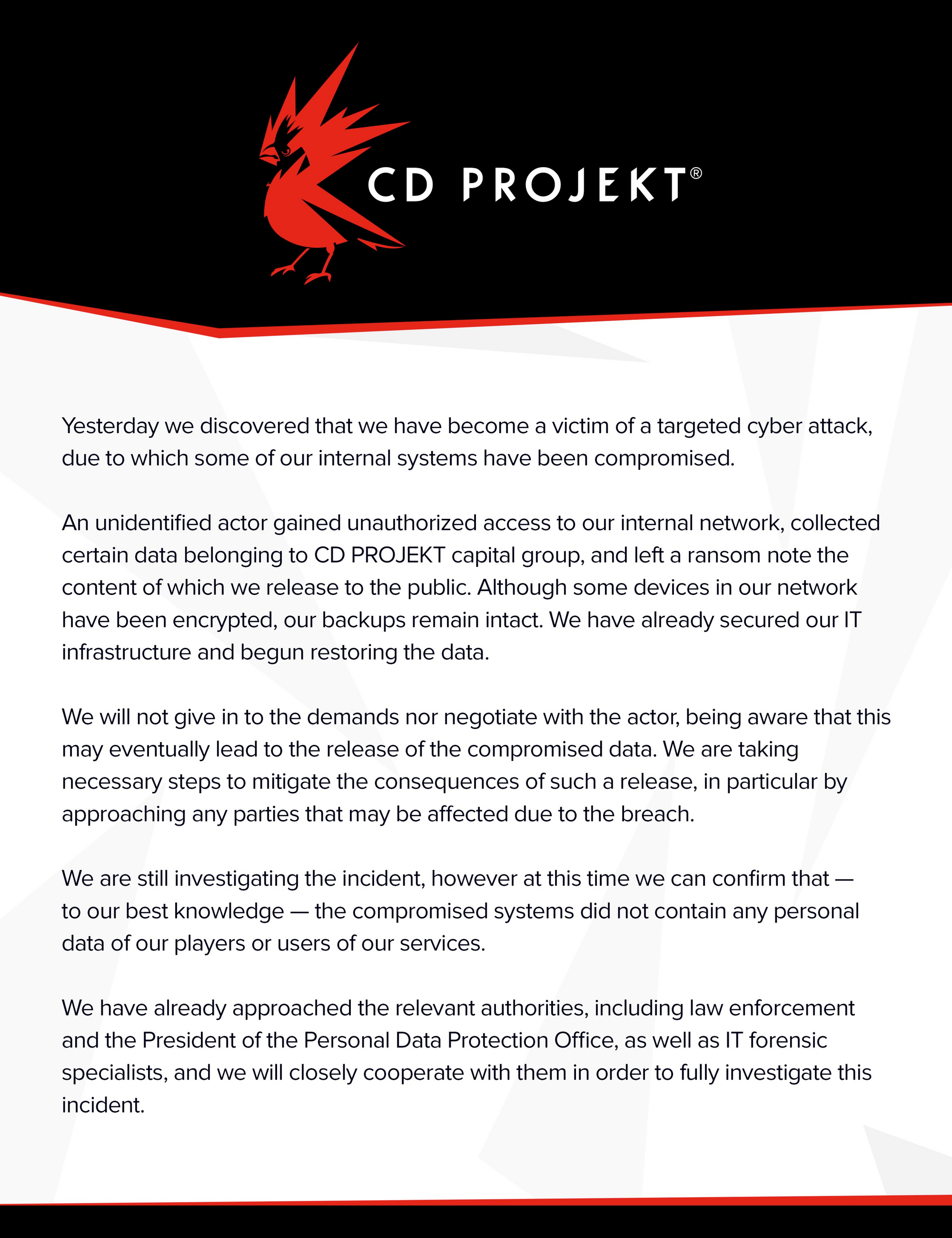 El comunicado es muy similar al comunicado de junio de 2017. Foto: CD Projekt.