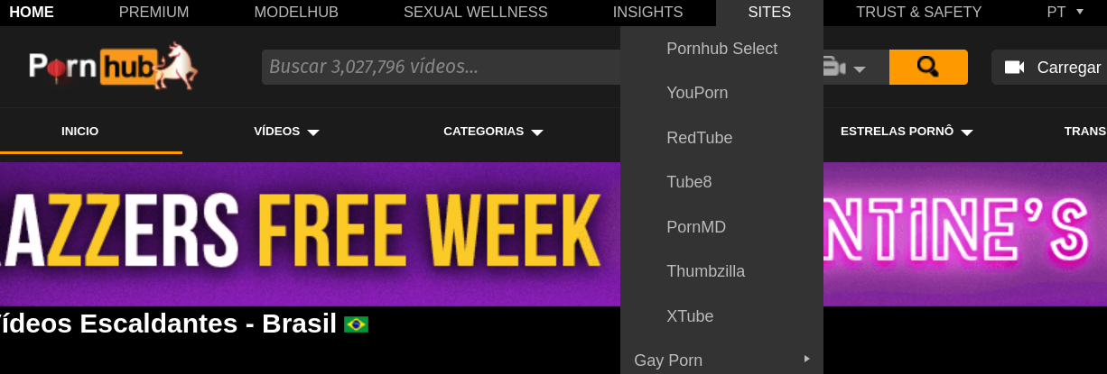 Captura de pantalla de la casa de Pornhub con una lista de sitios en el mismo grupo