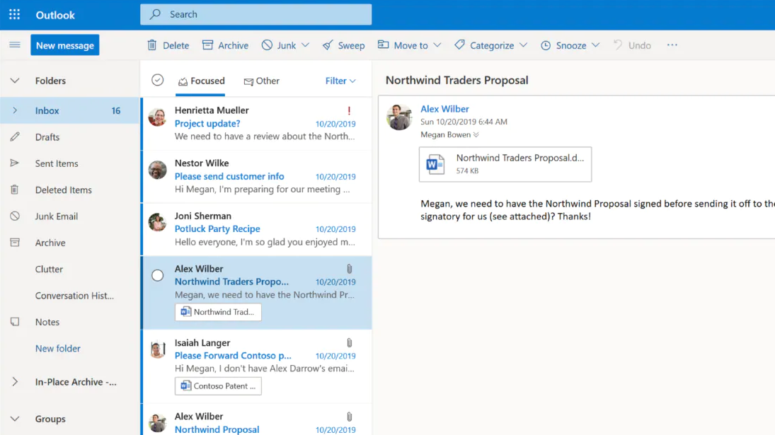 Interfaz de Microsoft Exchange Server, muy similar a la interfaz de Microsoft Outlook, que puede ser bastante preocupante.  Foto: Microsoft.