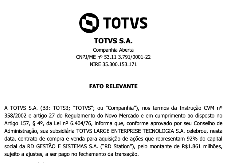 Reproducción del comunicado enviado a los inversores de la empresa.  Foto: TOTVS