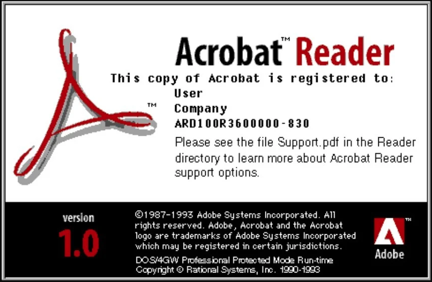 Captura de pantalla de la página de información de Adobe Acrobat Reader, 1991, desarrollada para sistemas MS-DOS.  Foto: WinWorld. 