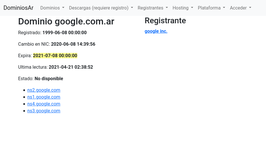 Screenshot of Open Data Córdoba, indicating that the domain expires on 7/8/2021. Photo: The Hack.