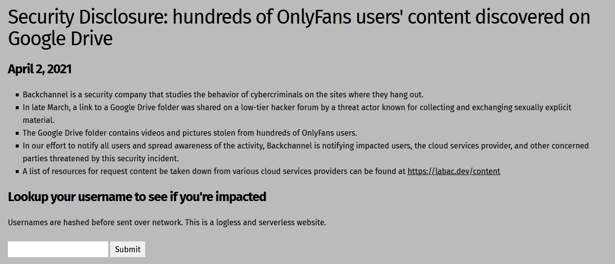 Screen capture of the creators' checking tool that had their content leaked, developed by BackChannel.