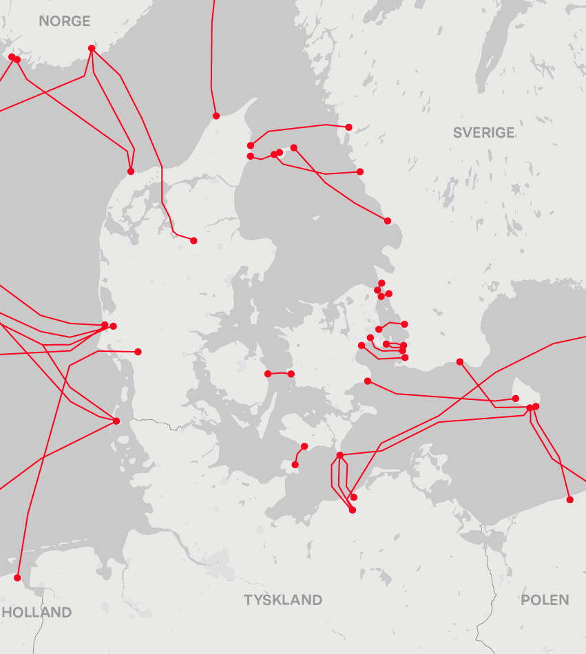 Mapa de cables de internet submarinos que llegan a Dinamarca.  Foto: DR.
