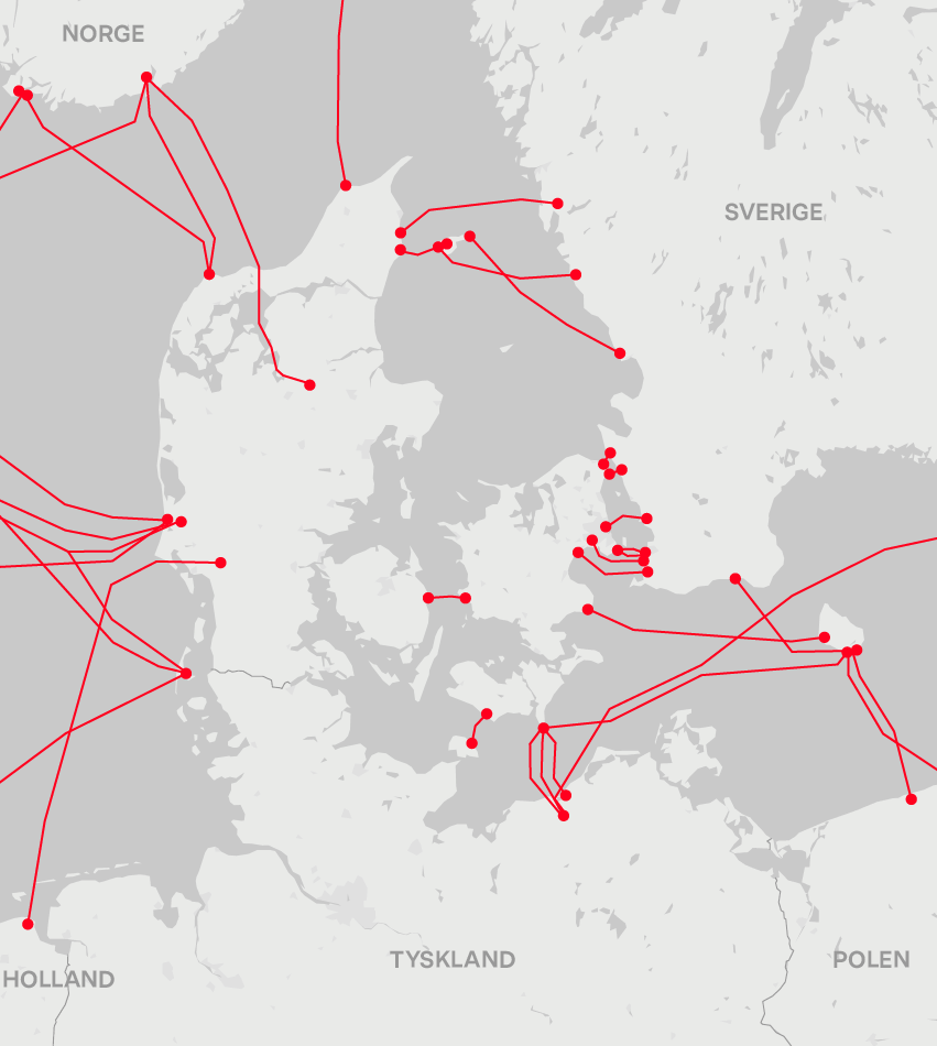 Map of underwater internet cables arriving in Denmark. Photo: DR.