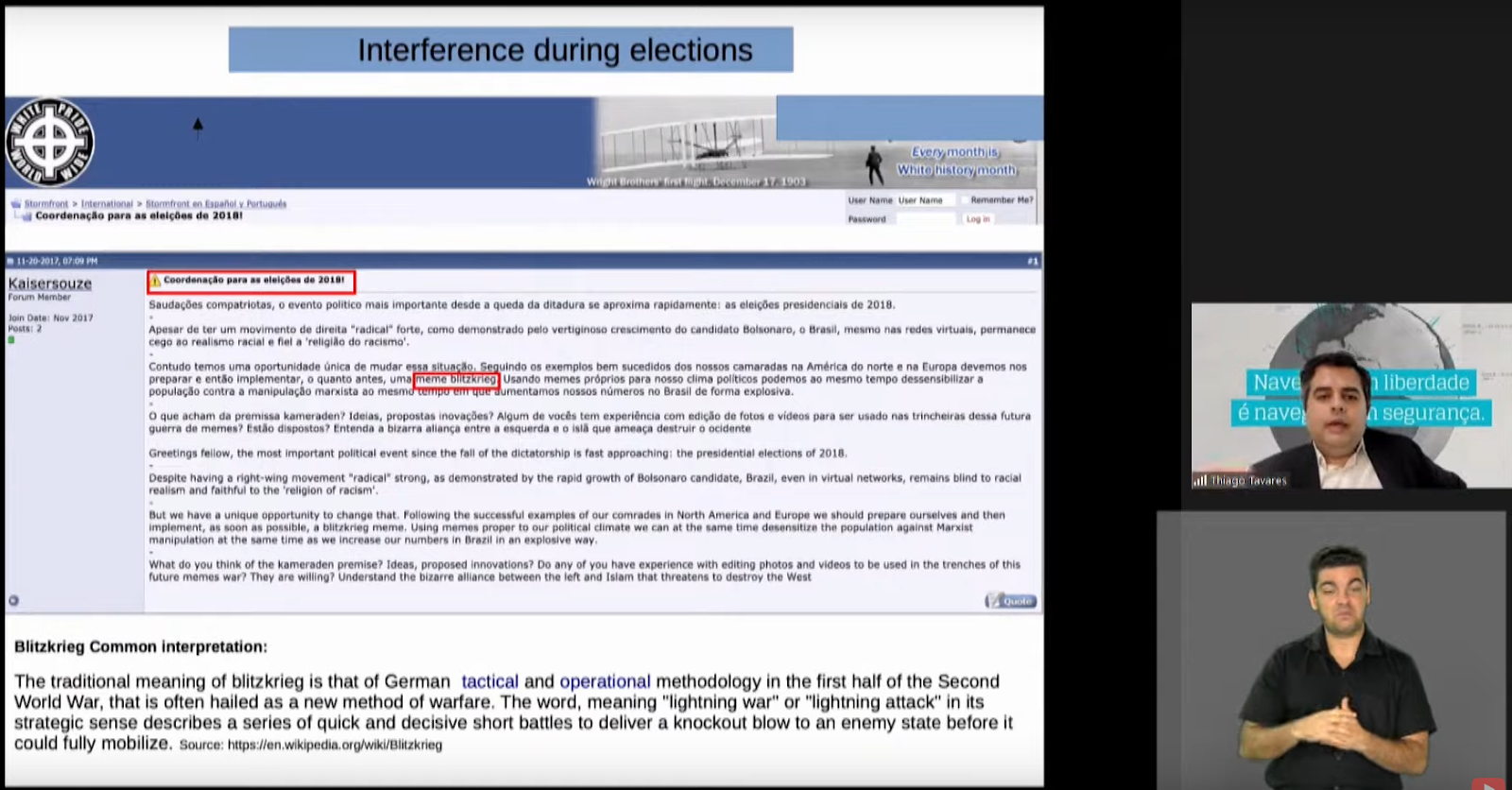  Presentation by Tavares during Second International Seminar Disinformation and Elections: Screenshot: The Hack.