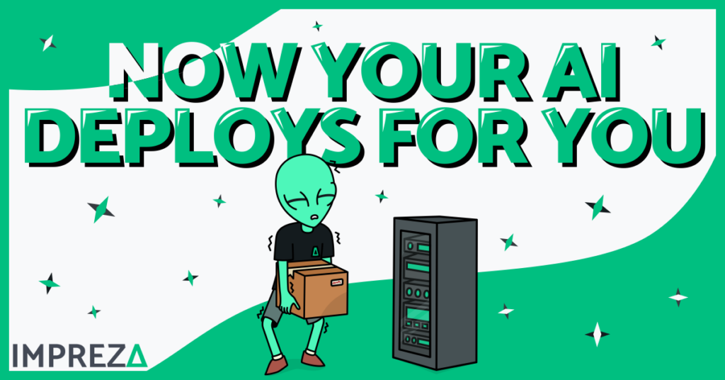 Now your AI Deploys for you title with Impreza's Character, Jake, holding a Heavy Box next to a Server. Featured Image made for "Your AI Agent Can Deploy to a Server You Own Now (and to Tor)" Post, made by Impreza Host Team, 2026
