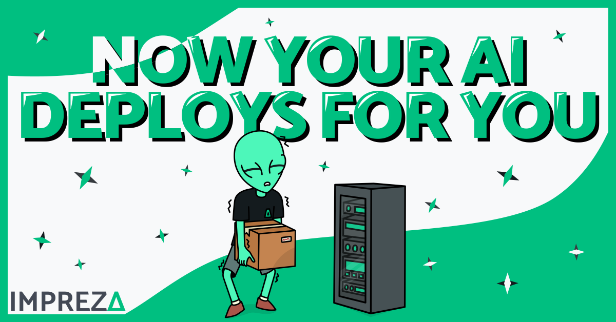 Now your AI Deploys for you title with Impreza's Character, Jake, holding a Heavy Box next to a Server. Featured Image made for "Your AI Agent Can Deploy to a Server You Own Now (and to Tor)" Post, made by Impreza Host Team, 2026