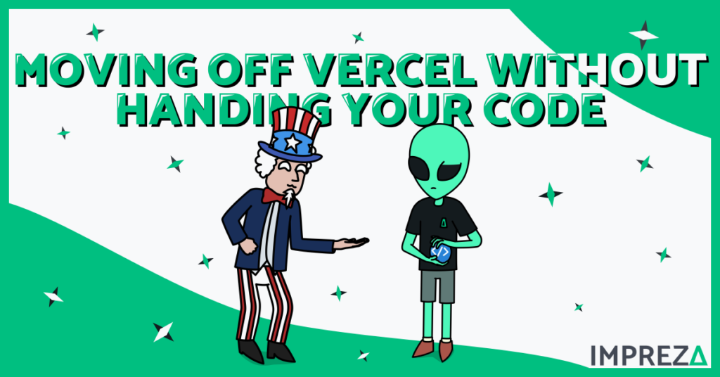 Featured Image for "Move Off Vercel Without Handing Your Code to an US Company" Post, with Impreza's Character, Jake, and Uncle Sam with "Moving Off Vercel without handing your Code" titles on, made by Impreza Host Team, 2026