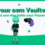 Host your own Vaultwarden, so no one else holds your Passwords labeled on top of Impreza's Character, Jake, protecting his key agains a Security Camera out of a floating Purple Portal, made by Impreza Host Team, 2026